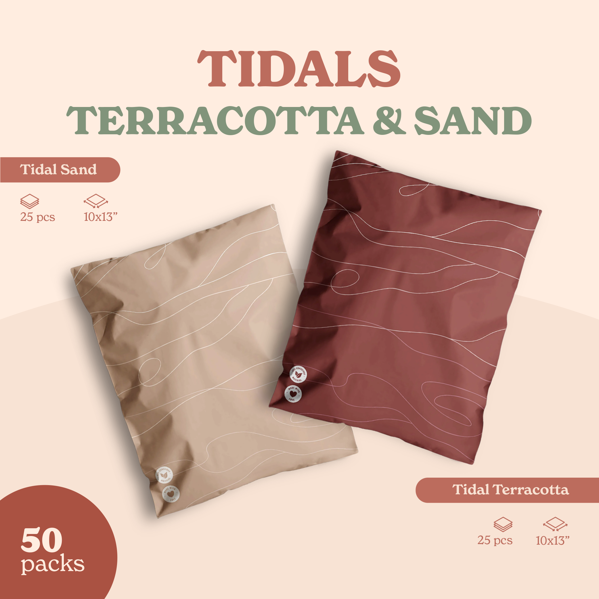 The Fast Bundle Terracotta + Sand bundle includes 50 exquisite packs, each measuring 10x13 inches and containing 25 pieces in a blend of "Tidal Sand" light beige and "Tidal Terracotta" dark red shades.