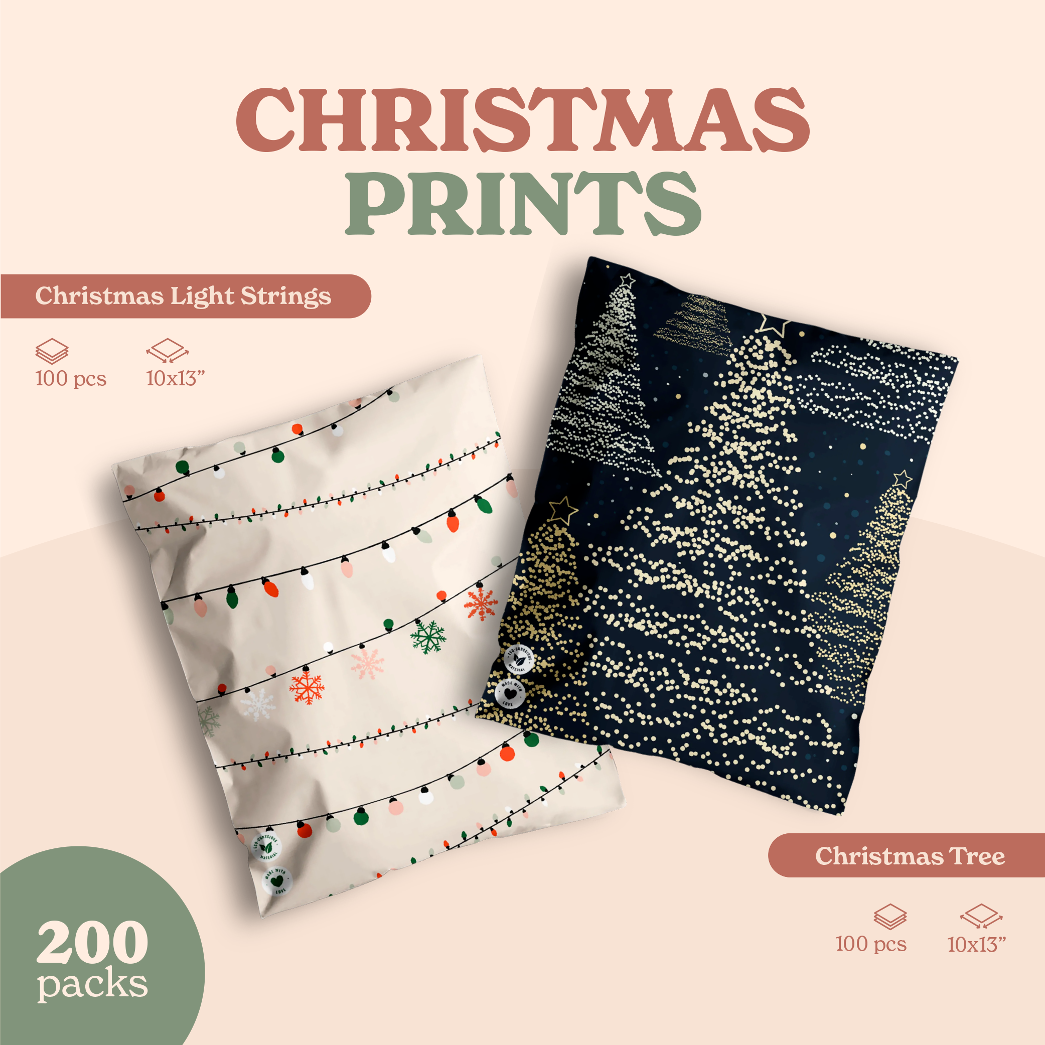 The Fast Bundle Christmas print collection includes 200 packs of two pillowcases each, featuring festive designs: one with Christmas light strings and the other with a Christmas tree, each measuring 10x13 inches. Perfect for seasonal decor.