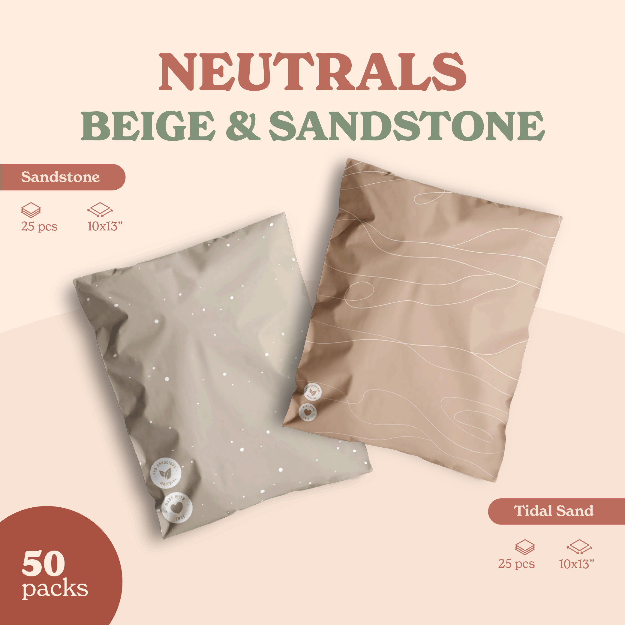 Two 25-piece pillowcase sets in Tidal Sand and sandstone colors, featuring 10"x13" cases. Text reads "NEUTRALS: BEIGE & SANDSTONE" with "Beige + Sandstone bundle 50 packs by Fast Bundle" in the corner.