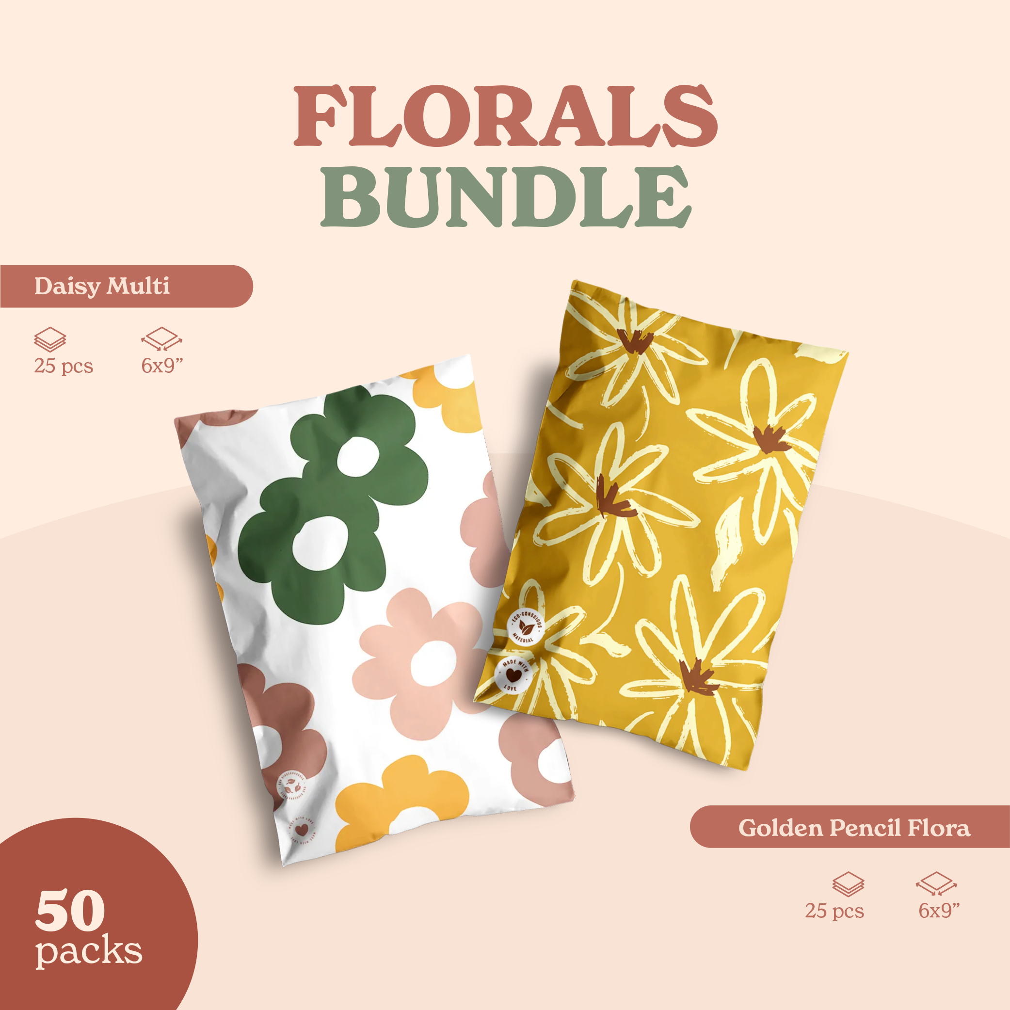 Two floral-patterned pillowcases, one featuring green/pink flowers and the other with yellow/white, elegantly adorn a beige background. Text reads: "Fast Bundle: Daisy Multi + Golden Pencil Bundle", 50 packs of 6x9" with stunning Daisy Multi design and Golden Pencil Flora accents.