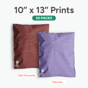 Two impack.co Flat mailer 10" x 13" 50 pack bundles—one in Tidal Terracotta (red) and one in Tidal Lilac (purple)—offer an eco-friendly packaging choice.