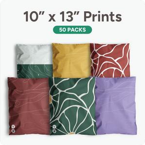 Six flat, 10" x 13" abstract prints are arranged in two rows below text reading "Flat mailer 10” x 13” 50 pack bundle by impack.co," ideal for eco-friendly packaging or shipping in biodegradable mailers.