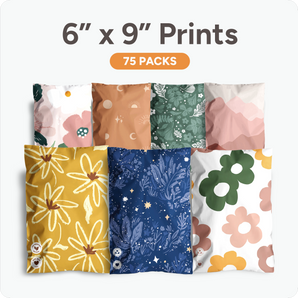 Six 6" x 9" decorative prints with floral and nature themes by impack.co are arranged in two rows. Shipped as a 75 pack bundle in eco-friendly, biodegradable mailers.