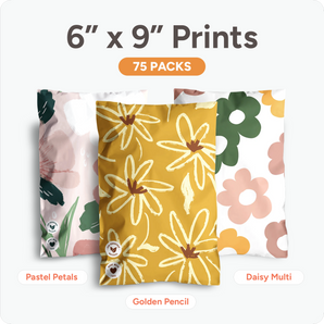 Impack.co’s Flat Mailer 6" x 9" 75 pack bundle features three floral designs: Pastel Petals, Golden Pencil, and Daisy Multi. Arrives in eco-friendly packaging for a sustainable touch. Text: "6” x 9” Prints, 75 Packs.