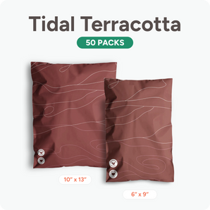 The Tidal Terracotta flat mailer 50 pack bundle by impack.co includes terracotta-colored biodegradable mailers in 10" x 13" and 6" x 9", offering an eco-friendly packaging solution with white line patterns.
