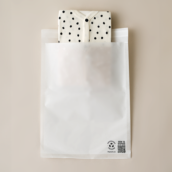 A white, partially transparent plastic packaging bag with recycling symbols and text on the front. A polka-dot fabric item is partially visible inside the impack.co Glassine Bags 9.6" x 12.6", protruding from the top.