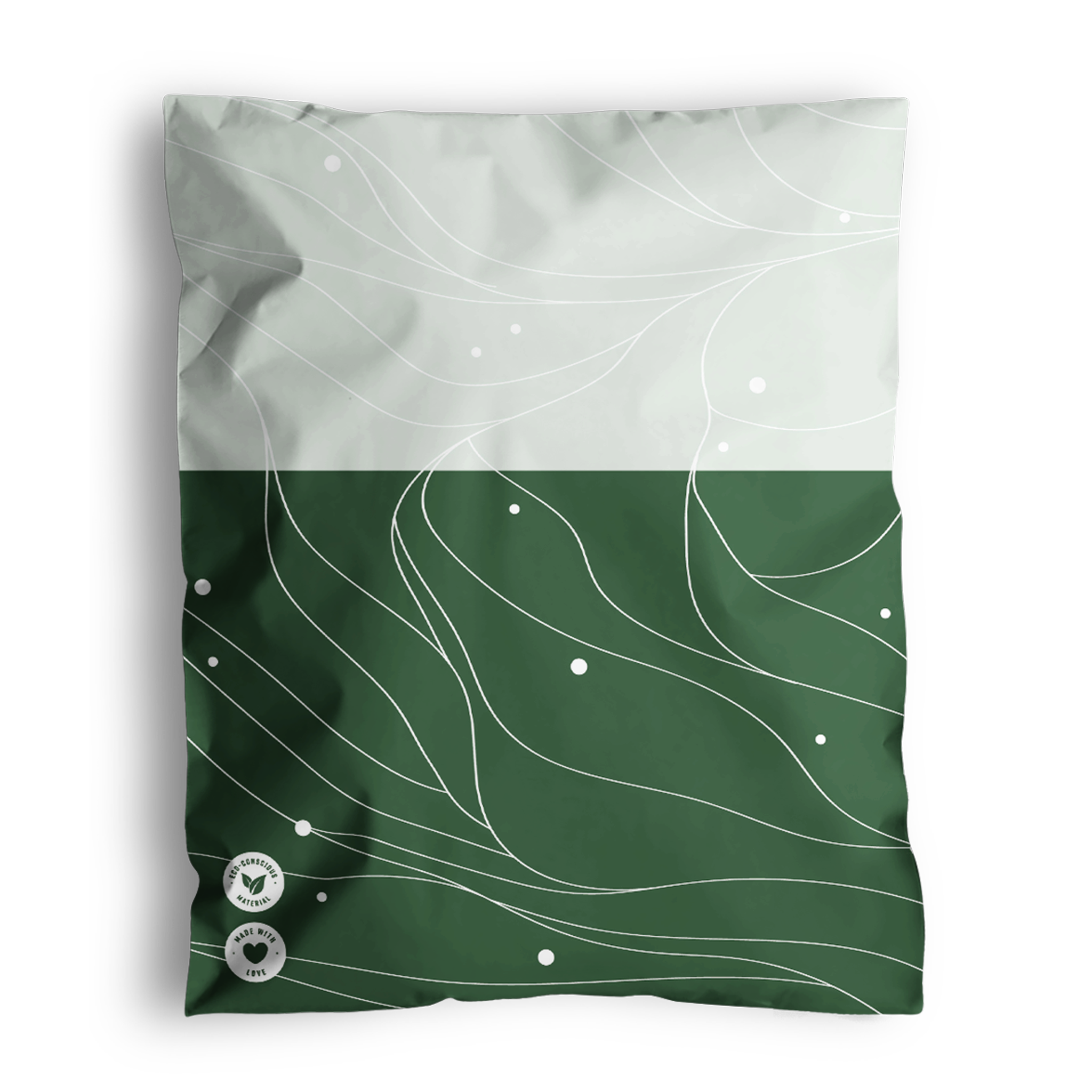 A green and white pillowcase featuring a wavy line design with a small green and white badge in the lower-left corner, reminiscent of versatile packaging solutions like Japanese Green Mailers 10" x 13" by impack.co.