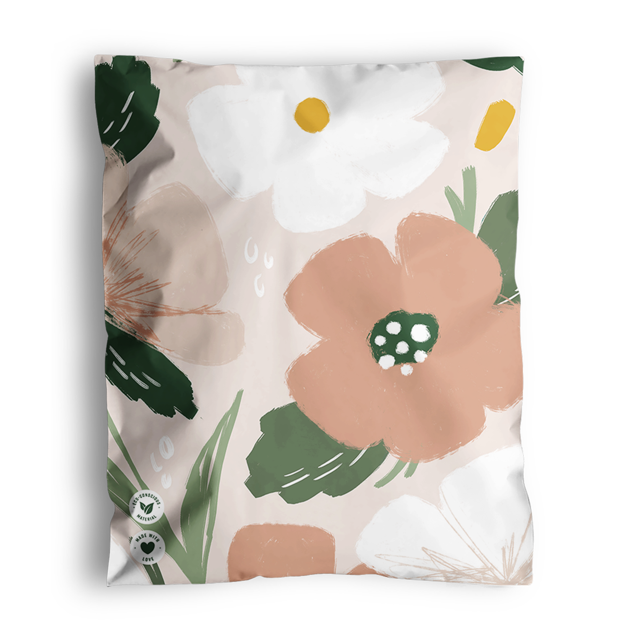 A patterned **Pastel Petals Mailers 10" x 13"** by **impack.co** featuring large flowers in white, peach, and green with leaves. The pastel petals design includes small icons of a leaf and a recycling symbol at the bottom left corner, emphasizing its eco-friendly nature.