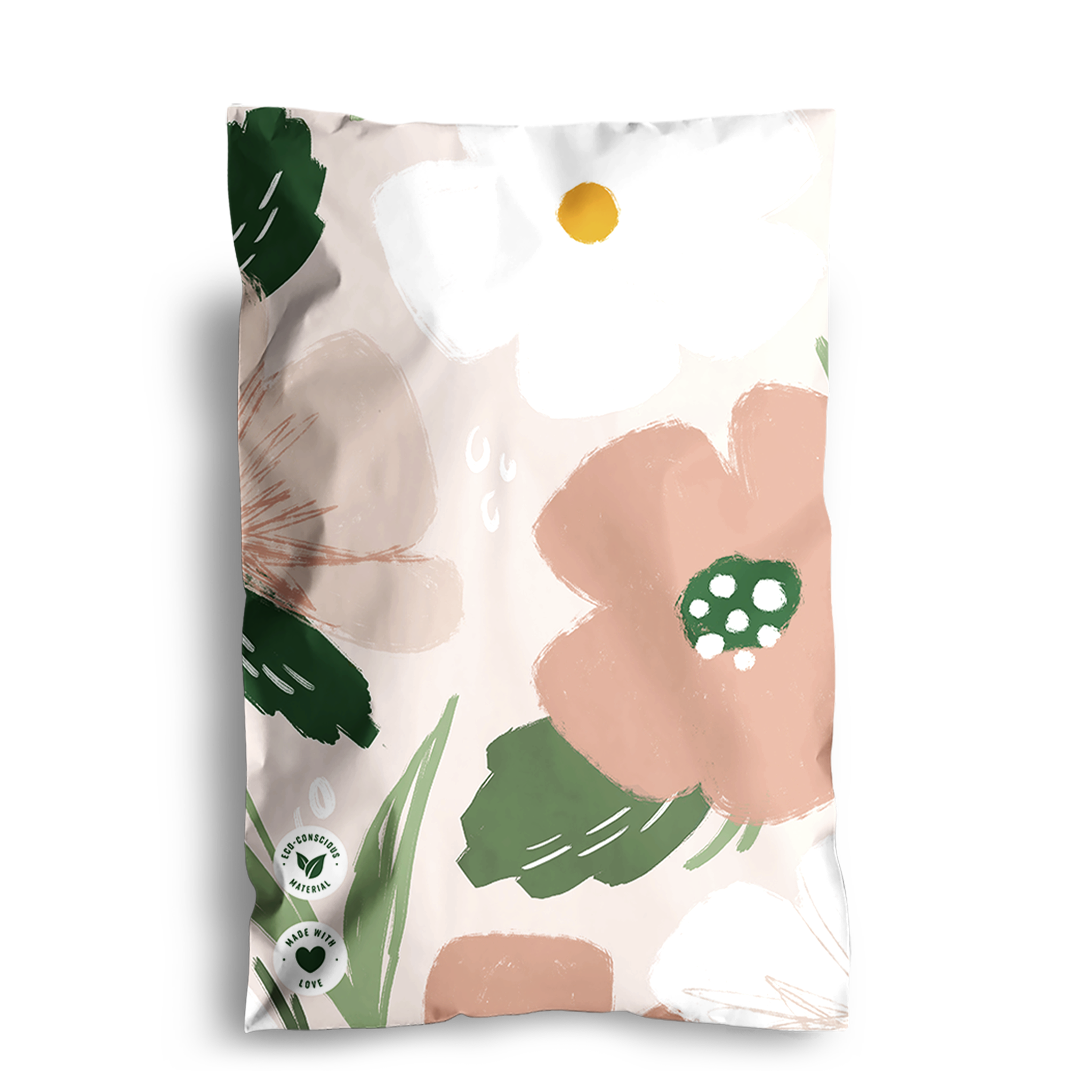 A pouch with a floral Pastel Petals design featuring large pink, green, and white flowers. The impack.co Pastel Petals Mailers 6" x 9" has a white tab with vertical black lines at the top left corner.