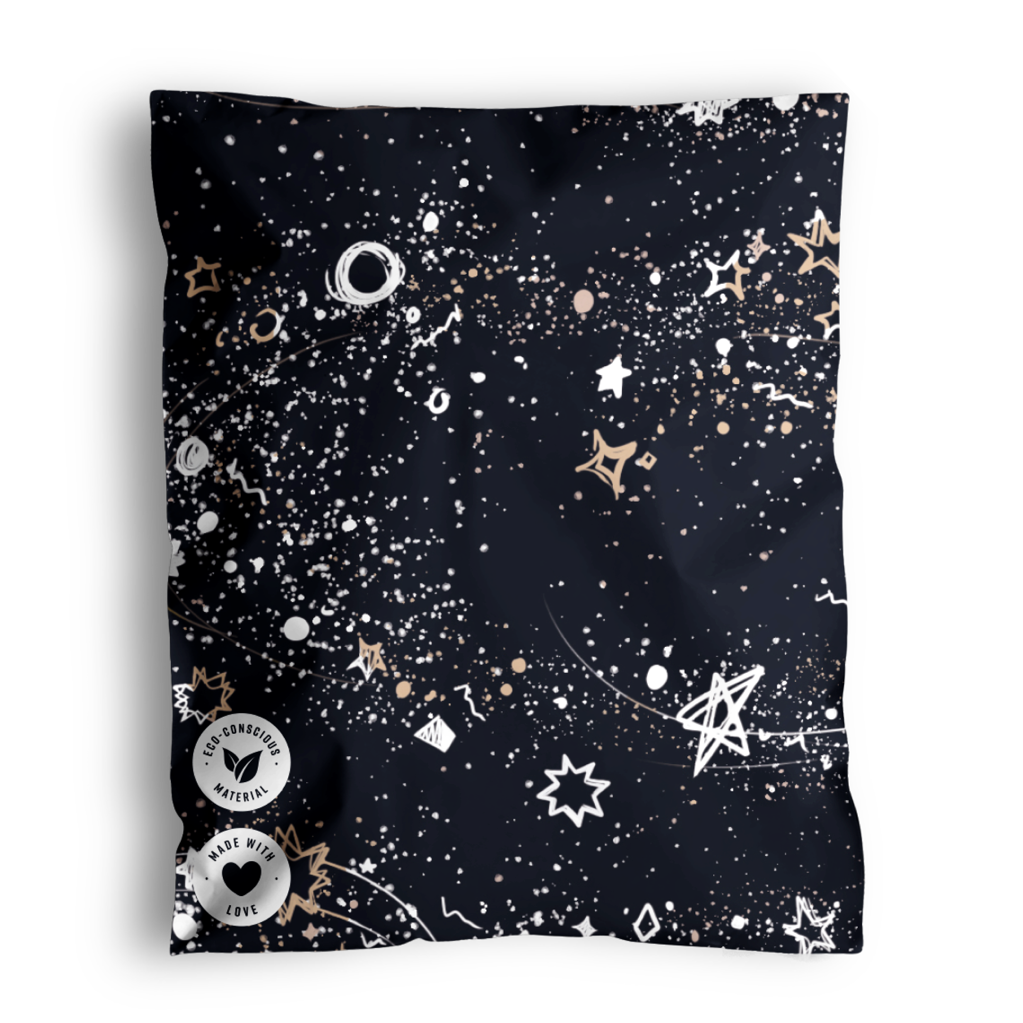 A recyclable Midnight Galaxy Mailers 10" x 13" with a celestial pattern including stars, planets, and various cosmic elements, labeled with "impack.co.