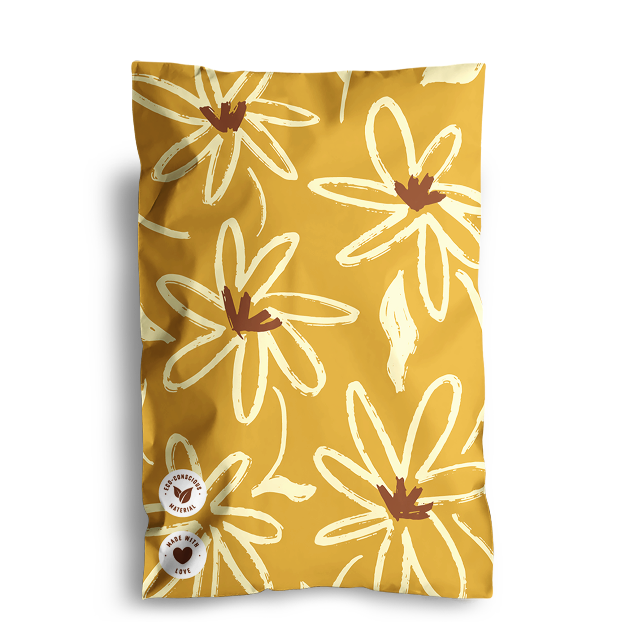 A mustard-yellow bag decorated with white outlined flower illustrations and two small circular stamps near the bottom right corner, perfect for transit protection. Introducing Golden Pencil Floral Mailers 6" x 9" by impack.co.