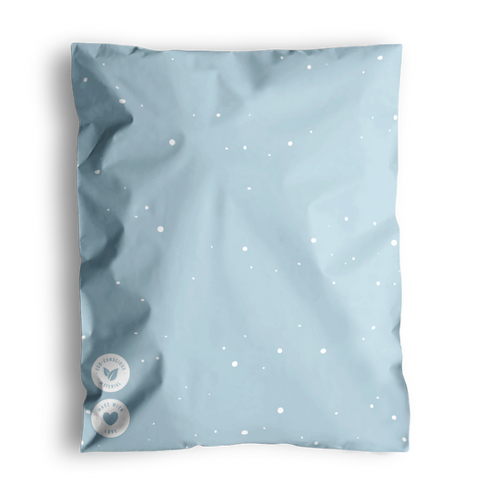 A digitally created image of a Starry Baby Blue Biodegradable Mailers 10" x 13" with white dots and text, against a black background. Brand Name: impack.co