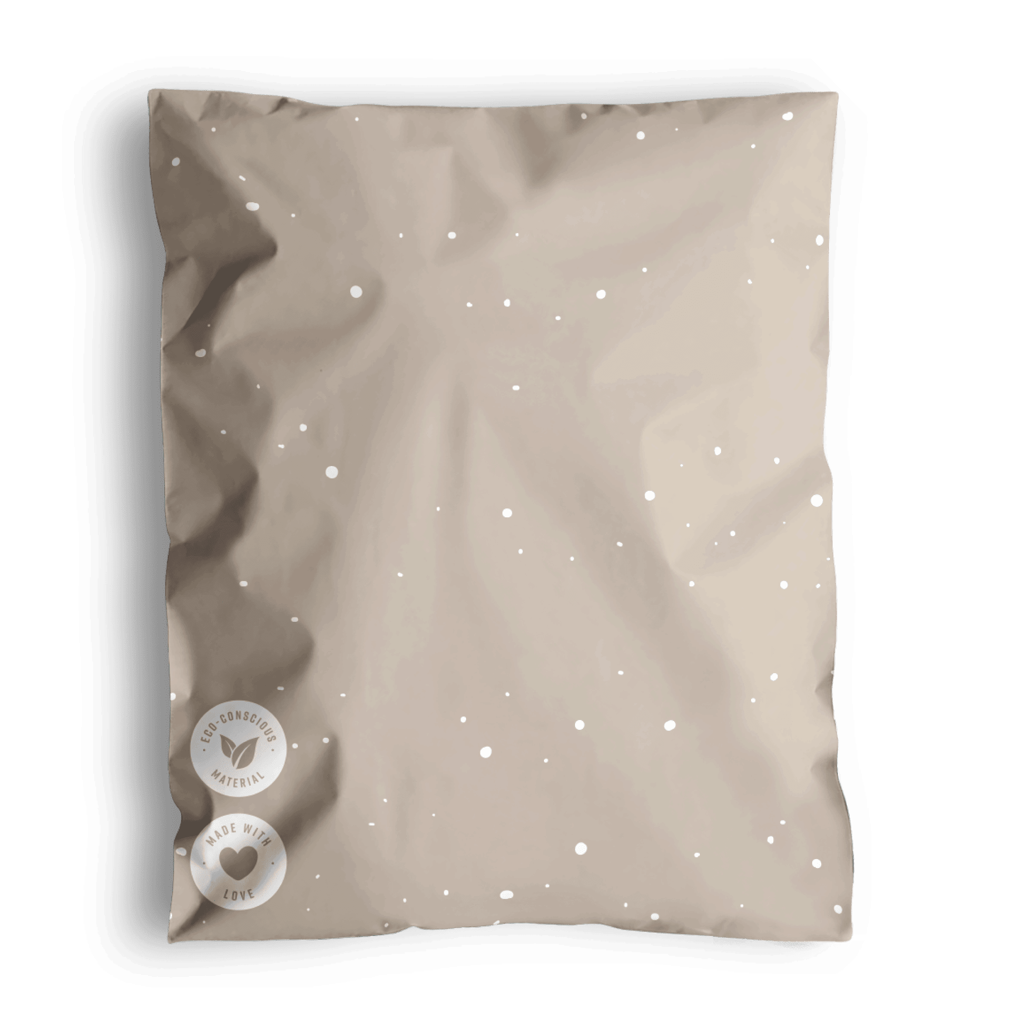 A digital illustration of a sealed Sandstone Biodegradable Mailers 10" x 13" by impack.co with air holes and two white inspection stickers.