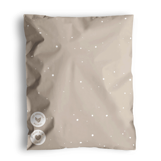 A digital illustration of a sealed Sandstone Biodegradable Mailers 10" x 13" by impack.co with air holes and two white inspection stickers.