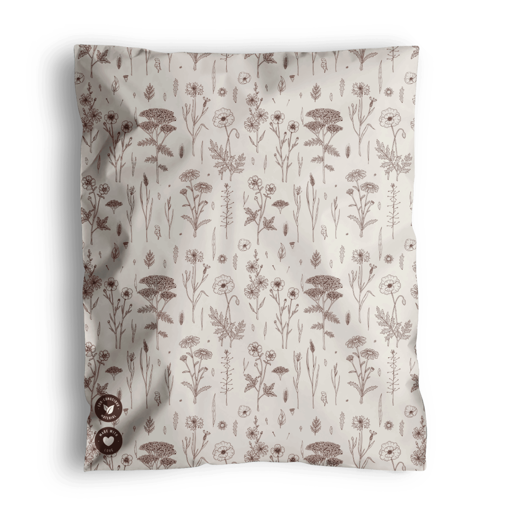 Folded fabric with botanical print design on a transparent, eco-friendly impack.co packaging background.