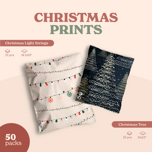 The impack.co SALE - Christmas Print 50 packs bundle includes festive 10x13" and 14.5x19" bags, each with cheerful holiday designs and clear size/quantity details.