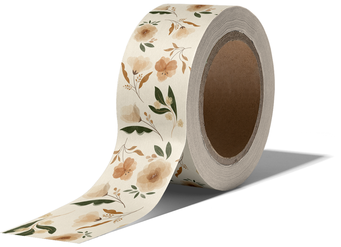 A roll of Camelia Bloom floral patterned, non-reinforced packing tape by impack.co, partially unrolled.
