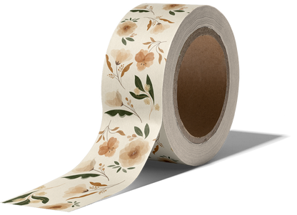 A roll of Camelia Bloom floral patterned, non-reinforced packing tape by impack.co, partially unrolled.