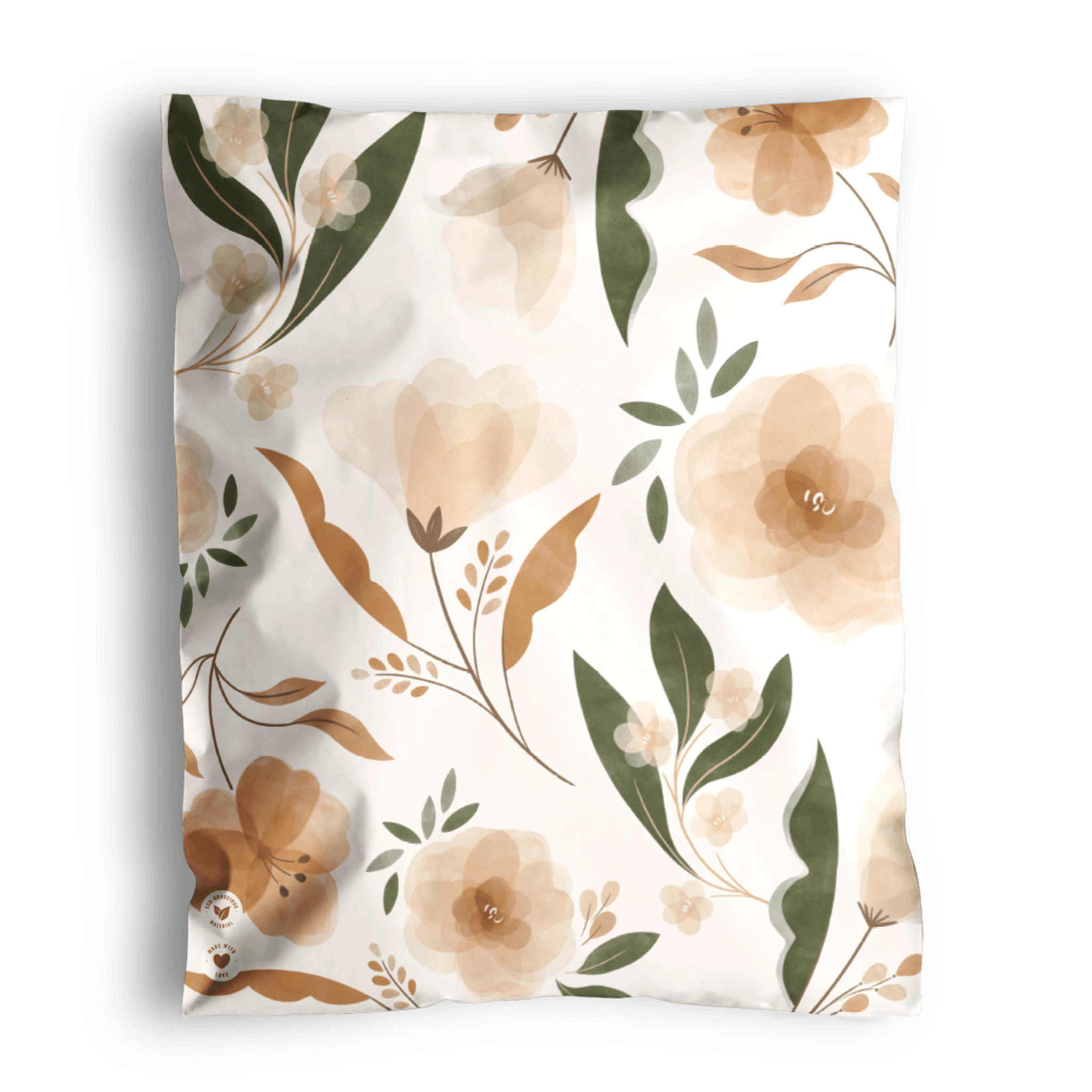 A floral patterned scarf with beige, green, and brown tones, displayed on a transparent background and packaged in Camelia Bloom Biodegradable Mailers 14.5" x 19" from impack.co.