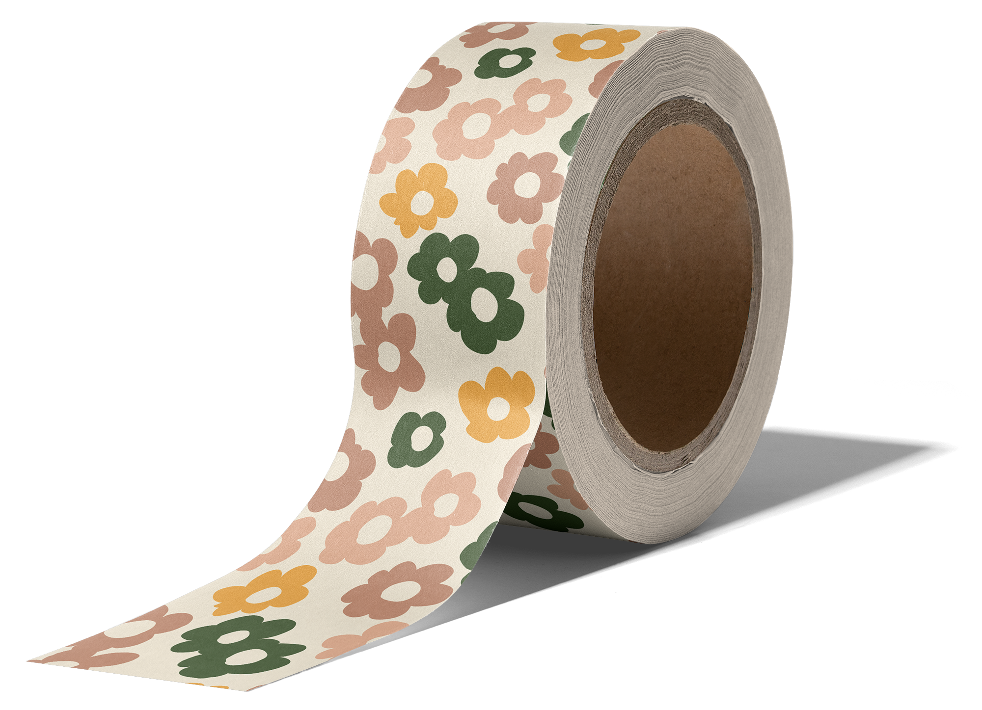 A roll of floral pattern Water-Activated Tape with some unrolled and extending to the right. 
Product Name: Packing Tape - Daisy Multi
Brand Name: impack.co
