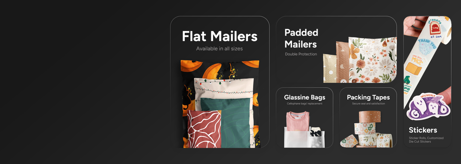 Image displaying various packaging products including flat mailers, padded mailers, glassine bags, packing tapes, and custom stickers against a black background.