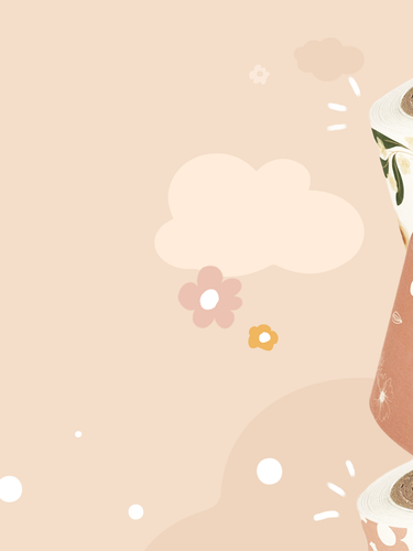 Three rolls of decorative washi tape with floral patterns are stacked diagonally against a beige background with illustrated clouds and flowers.