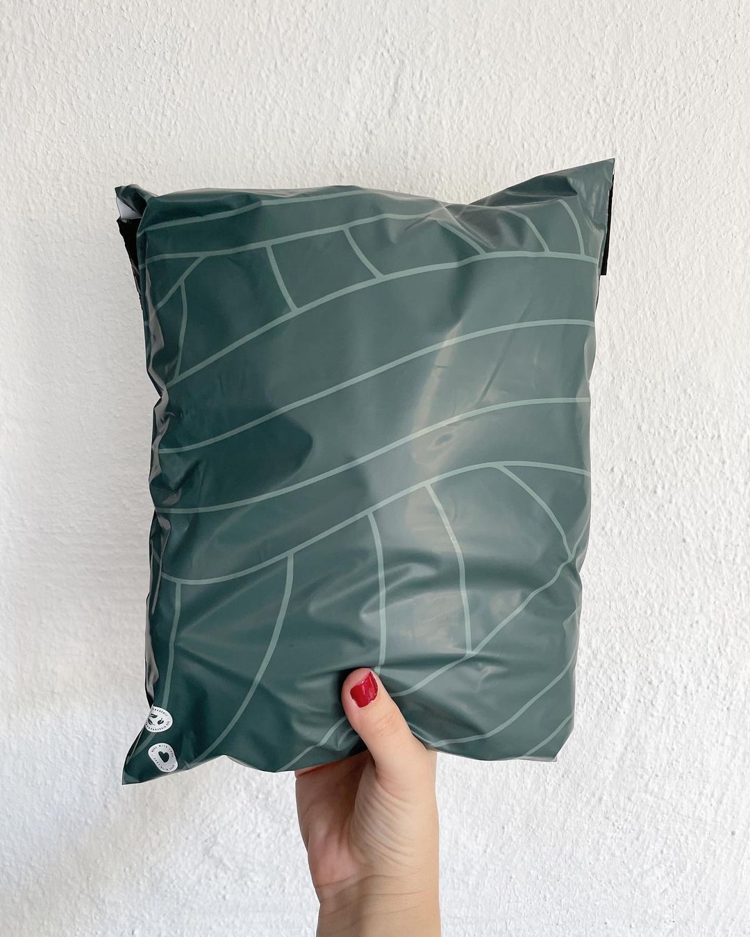 A person holding up a recyclable Olive Leaf Biodegradable Mailers 10" x 13" pillow by impack.co.
