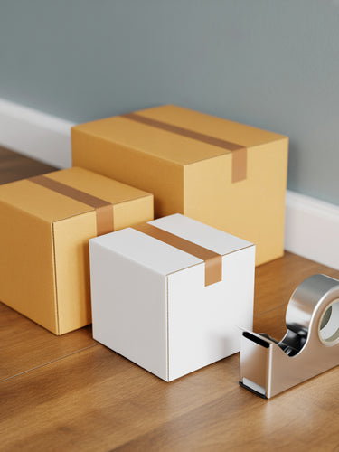 Three closed cardboard boxes, two brown and one white, are placed on a wooden floor next to a metal tape dispenser in front of a blue wall.