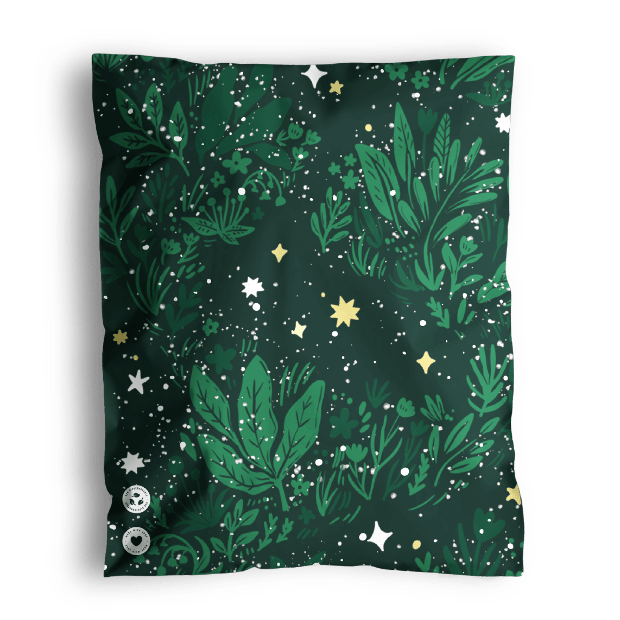 Green scarf with a botanical and celestial pattern, displayed flat in impack.co's Midnight Lush Mailer 14.5" x 19".