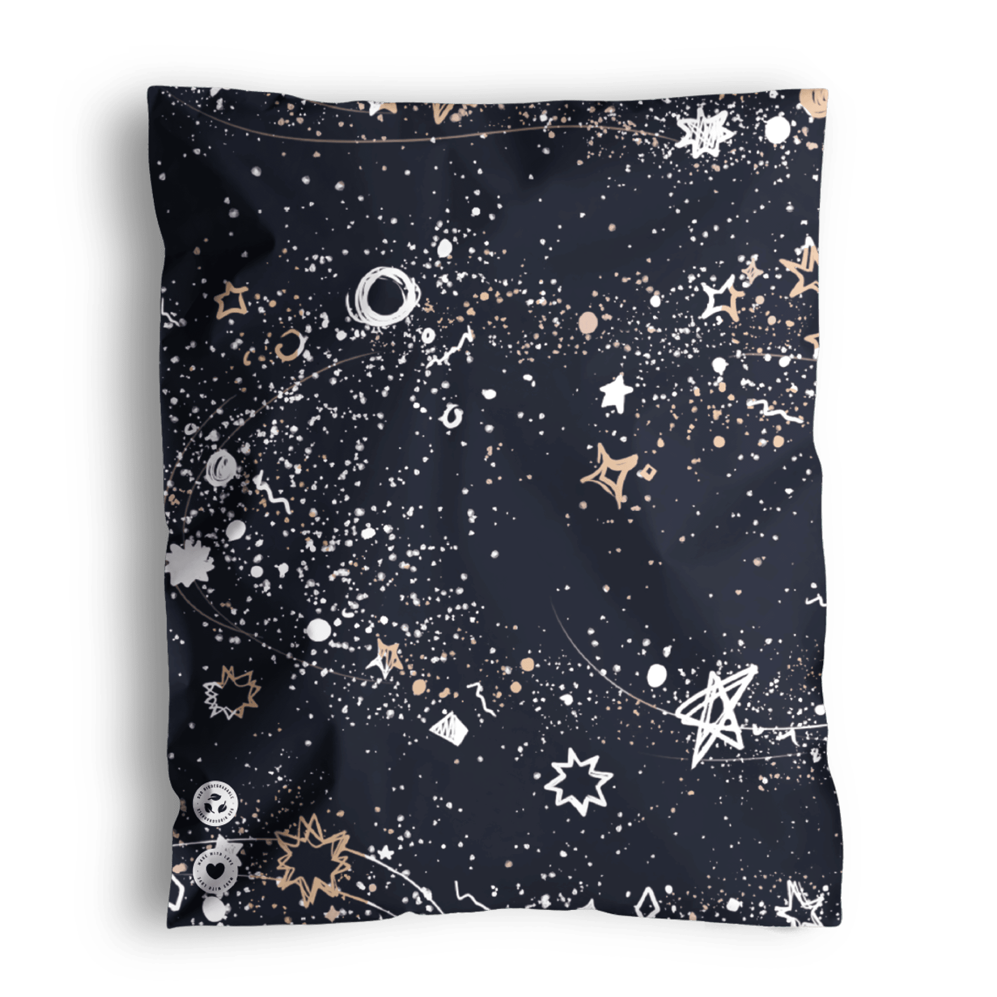 A square pillow with a dark blue background and a decorative pattern featuring stars, planets, and speckles in white and gold tones, packaged in impack.co Midnight Galaxy Mailers 14.5" x 19