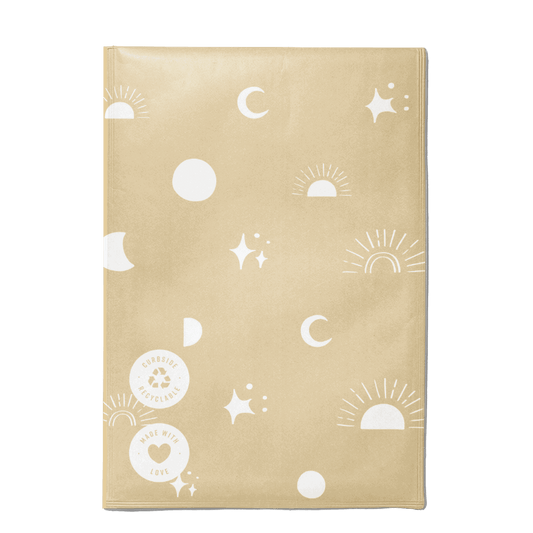 A patterned notebook with celestial and astrological motifs on an impack.co Celestial Padded Paper Mailers 6" x 9" background.