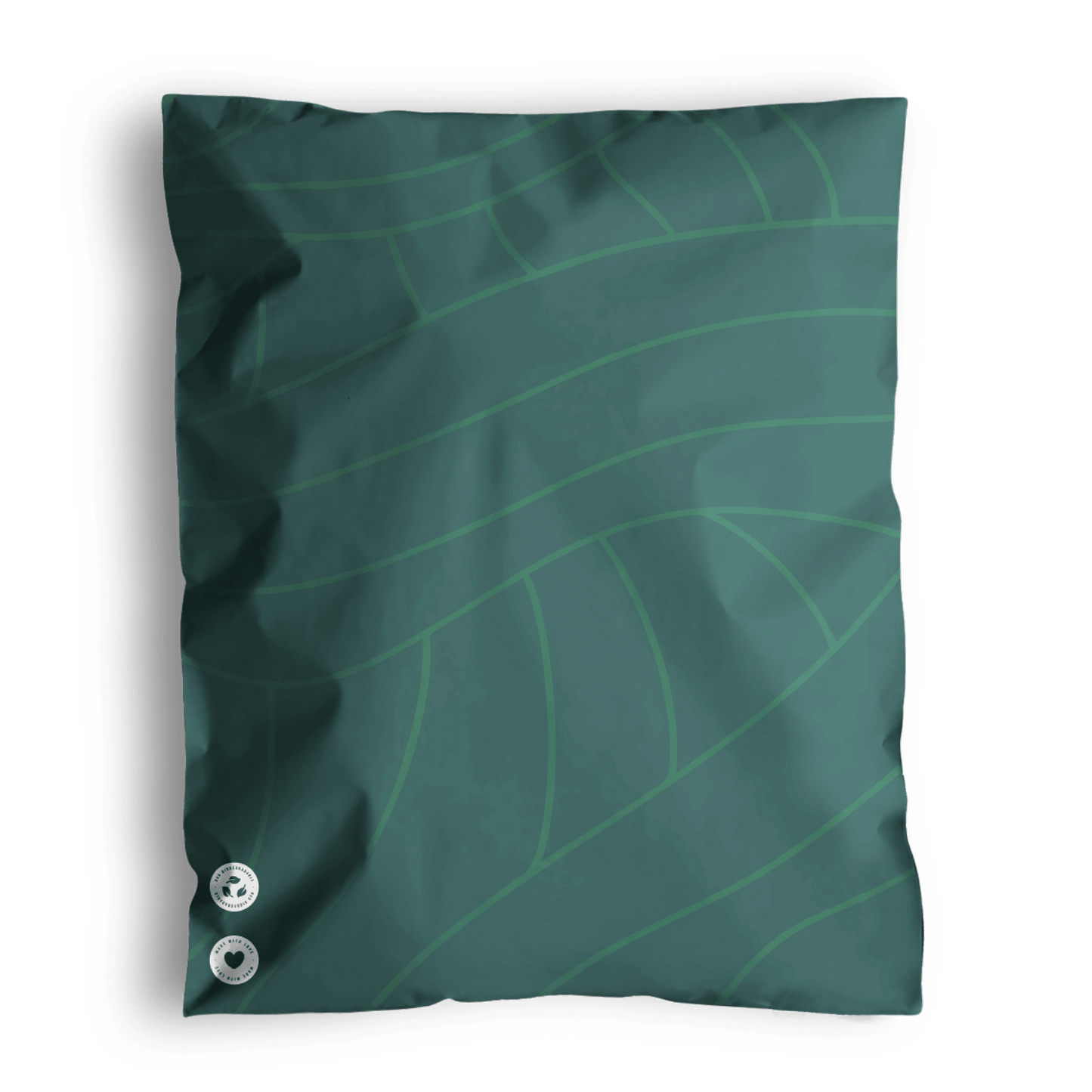 Illustration of a soft cushion with a green leaf pattern, crafted from 100% recyclable materials, and three visible buttons made of impack.co's Olive Leaf Biodegradable Mailers 10" x 13".