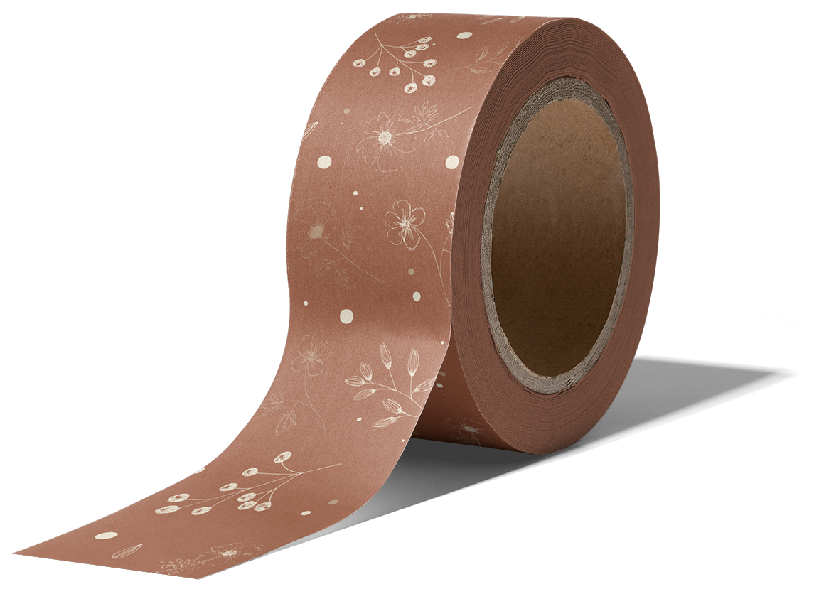A roll of brown, water-activated Packing Tape - Floral Rosy Brown from impack.co with a white floral pattern.