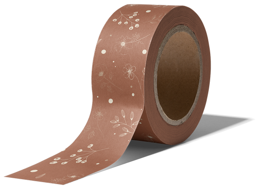 A roll of brown, water-activated Packing Tape - Floral Rosy Brown from impack.co with a white floral pattern.