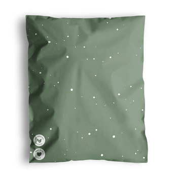 The "Starry Lily Pad Biodegradable Mailers" by impack.co are 14.5" x 19", green with white star-like speckles, and feature two round logos on the lower left corner. Perfect for transit protection, they ensure safe and sustainable delivery of your items.