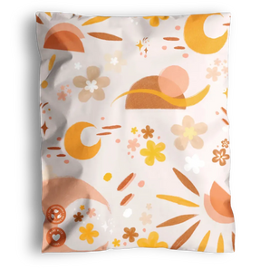 The impack.co Boho Sun & Moon Biodegradable Mailers (10" x 13") feature an abstract pattern of orange, yellow, and beige suns, moons, flowers, and geometric shapes—perfect for a stylish boho gift presentation.
