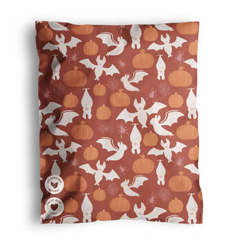The "Orange Halloween Prints 200 Packs Bundle" by Fast Bundle offers a cozy patterned blanket featuring ghost pumpkins, playful spiders, and white bats on a rich brown background. Ideal for enhancing your seasonal decor with its array of pumpkin sizes and festive Halloween designs.