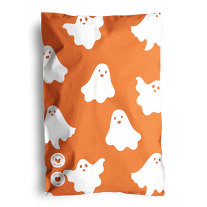 The Fast Bundle SALE - Orange Halloween prints bundle includes 50 packs of 10x13" and 6x9" bags featuring white cartoon ghosts on orange—perfect for party favors. Two small circular logos appear in the lower left corner.
