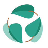 A minimalist illustration of three green leaves arranged in a circular shape, connected by a partial brown outline, symbolizing sustainability or recycling.