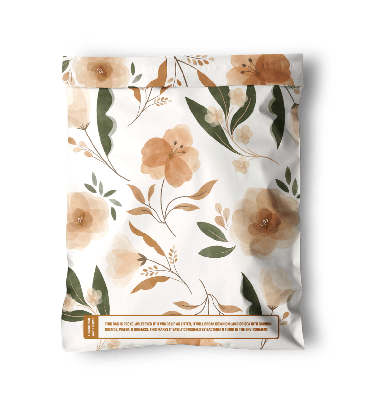 Back view of a biodegradable Mailer bag 10" x 13" with a beige and brown floral pattern by impack.co.